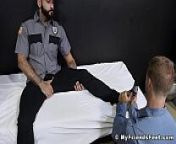 Inked prison guard Rikky Ork has his feet licked by prisoner from prison gay foot