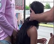 Hot busty girl public bus stop gang bang sex threesome with 2 guys from sex gang do bus