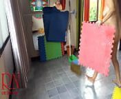 Nudist maid cleans the yoga room. A naked cleaner cleans mirrors, sweeps and mops the floor. CAM 1 from goddess adina naked yoga
