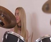 Lesbian blonde plays drums and pussy from african drum