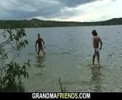 Old blonde granny and boys teen outdoor threesome from old blonde teen boy
