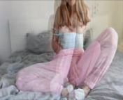Sweetheart in pink pants and white socks plays with her sweet pussy from pink socks
