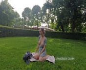 Woman relaxing in park. Flashing beautiful tits from topless ocean dreams