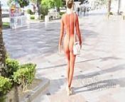 Morning walk in a transparent suit in public from walking nude woman