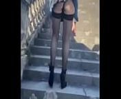Lady Oups in public micro skirt from transparent micro mini skirt nude