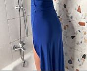 In the shower in a blue seductive dress, I get wet from this pleasant water and masturbate with a glass dildo from big boobs wet dress