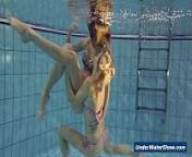 Horny girls strip eachother in the pool from underwater show