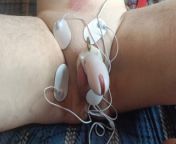 BDSM electro stimulation of dick in chastity belt, play with nipples. from electric message