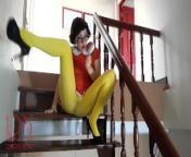 Velma Yellow pantyhose Performing in old house at stairway from parody film