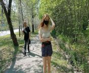 Hot teen walks without panties and flashes tits and bare butt to strangers from up skirt pussy visible