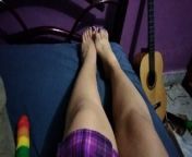 Femboy shows feet from chubby femboy shows feet in fishnets while fapping